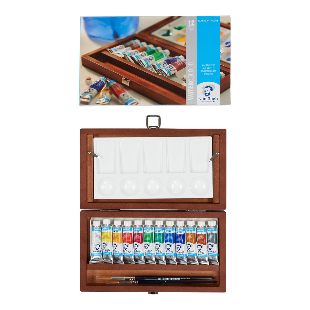 Van Gogh Aquarell-Set im Holzkasten mit 12 Farben in 10 ml-Tuben + 3 Teilen Zubehör - Kidis Art