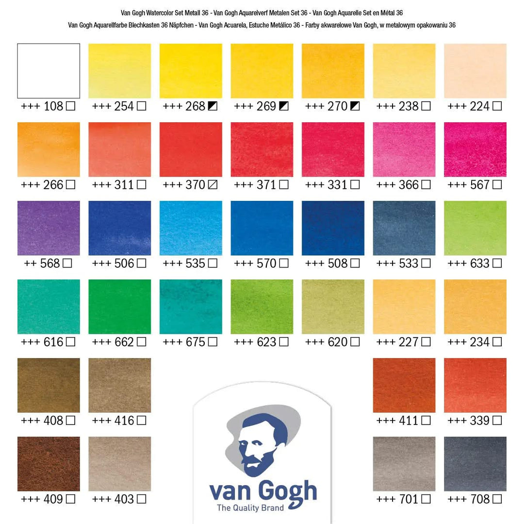 Van Gogh Aquarell-Set im Metallkasten mit 36 Farben in halbe Näpfchen + 1 Pinsel - Kidis Art
