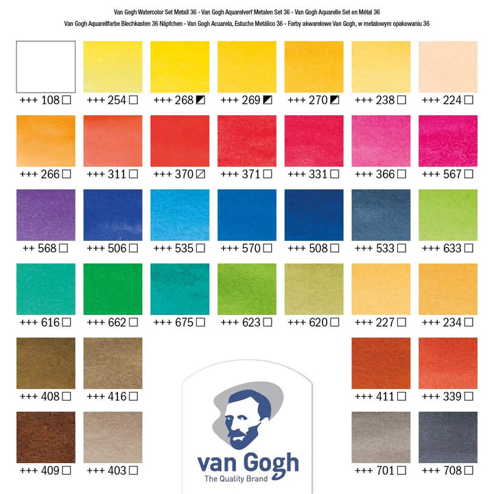 Van Gogh Aquarell-Set im Metallkasten mit 36 Farben in halbe Näpfchen + 1 Pinsel - Kidis Art