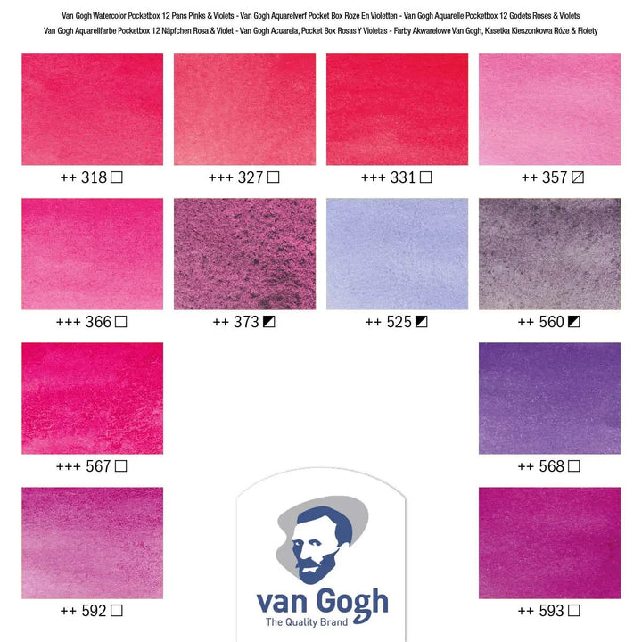 Van Gogh Aquarellfarbkasten Rosa- und Violett-Töne mit 12 Farben in halbe Näpfchen - Kidis Art