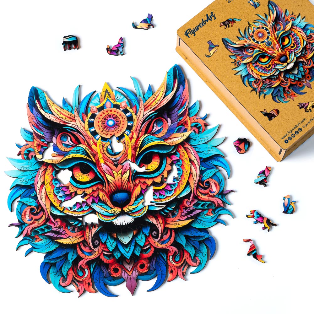 Holzpuzzle 2D Design Lebendiges Katzen-Mandala - Kidis Art