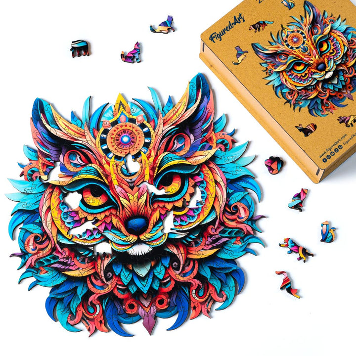 Holzpuzzle 2D Design Lebendiges Katzen-Mandala - Kidis Art