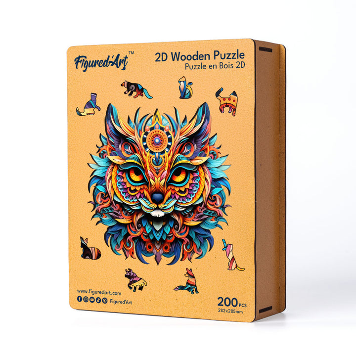 Holzpuzzle 2D Design Lebendiges Katzen-Mandala - Kidis Art