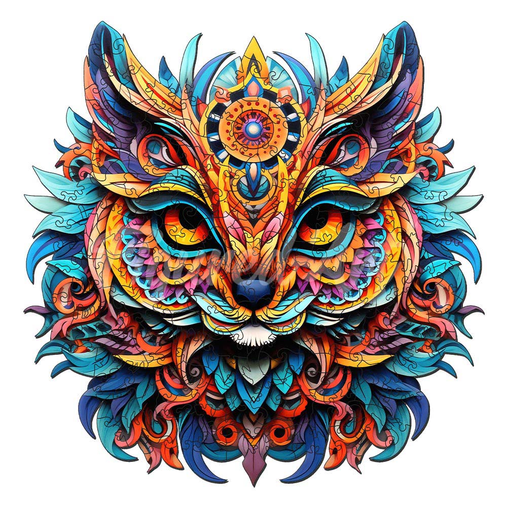 Holzpuzzle 2D Design Lebendiges Katzen-Mandala - Kidis Art