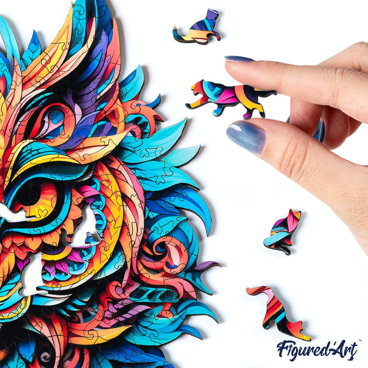 Holzpuzzle 2D Design Lebendiges Katzen-Mandala - Kidis Art