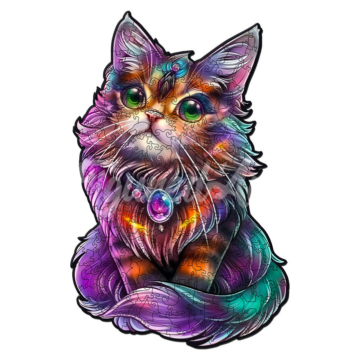 Holzpuzzle 2D Design – Bunte Katze mit Edelstein - Kidis Art