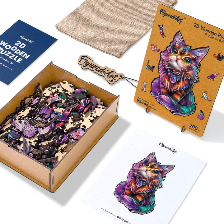 Holzpuzzle 2D Design – Bunte Katze mit Edelstein - Kidis Art
