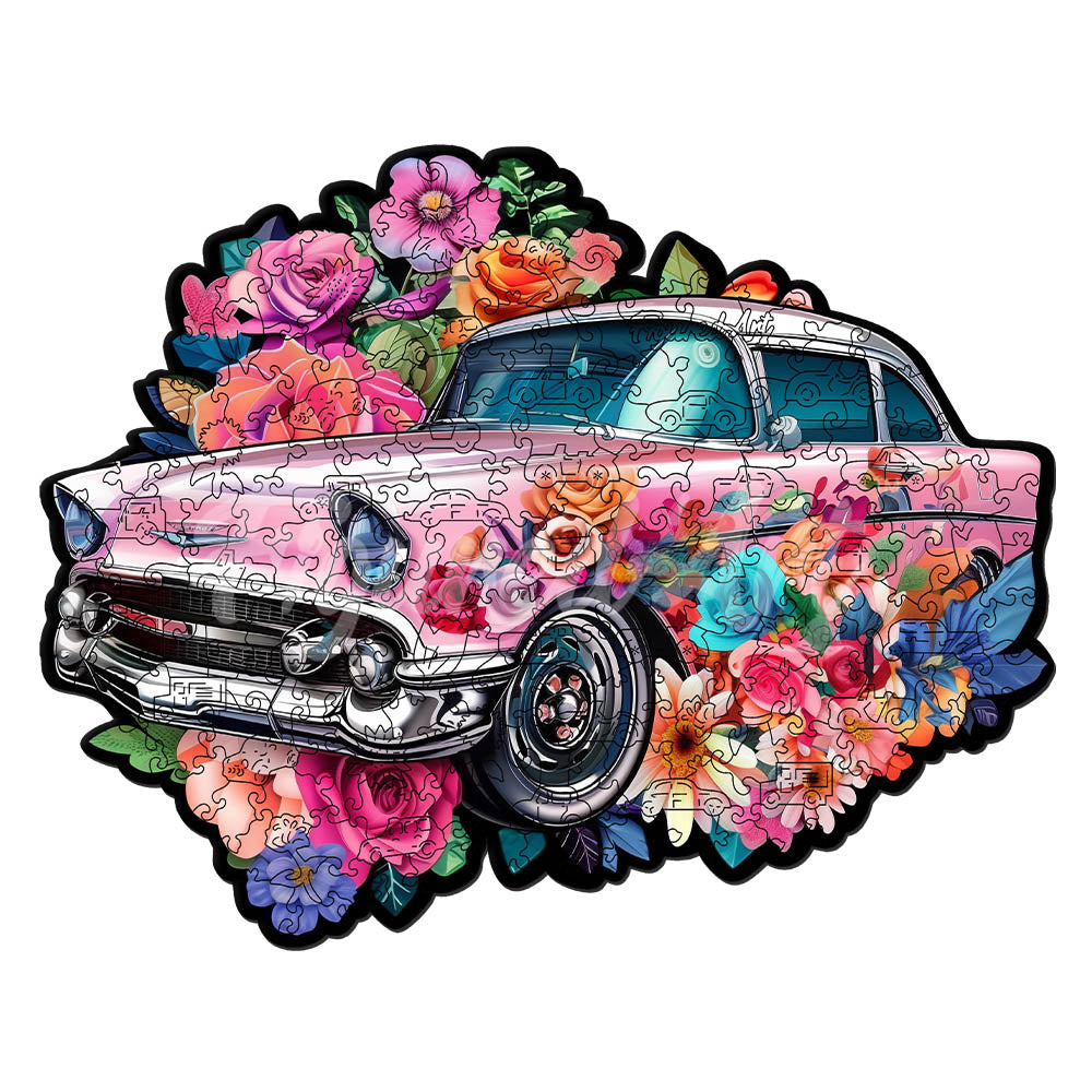 Holzpuzzle 2D Design – Vintage-Blumenauto - Kidis Art