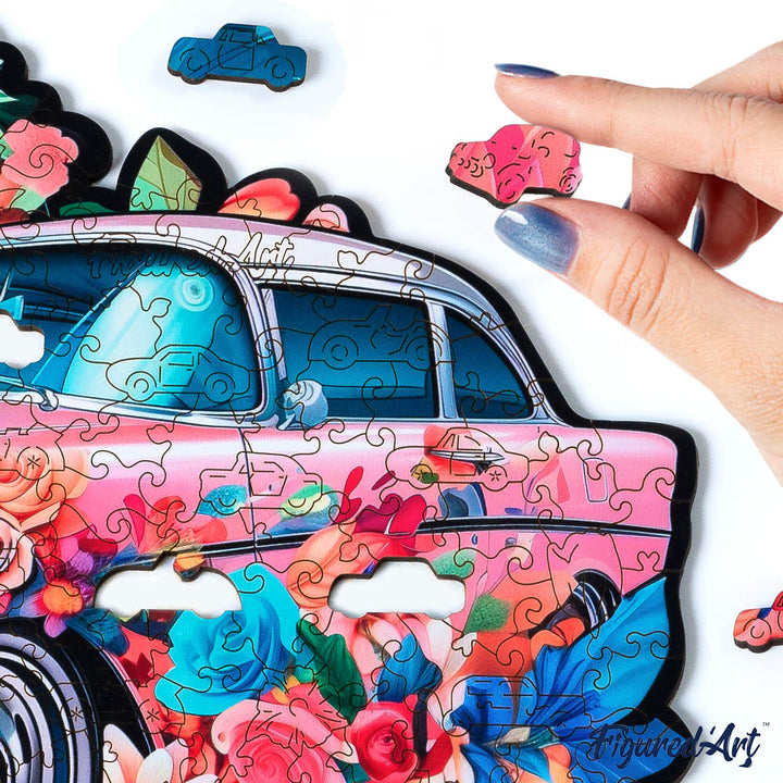 Holzpuzzle 2D Design – Vintage-Blumenauto - Kidis Art