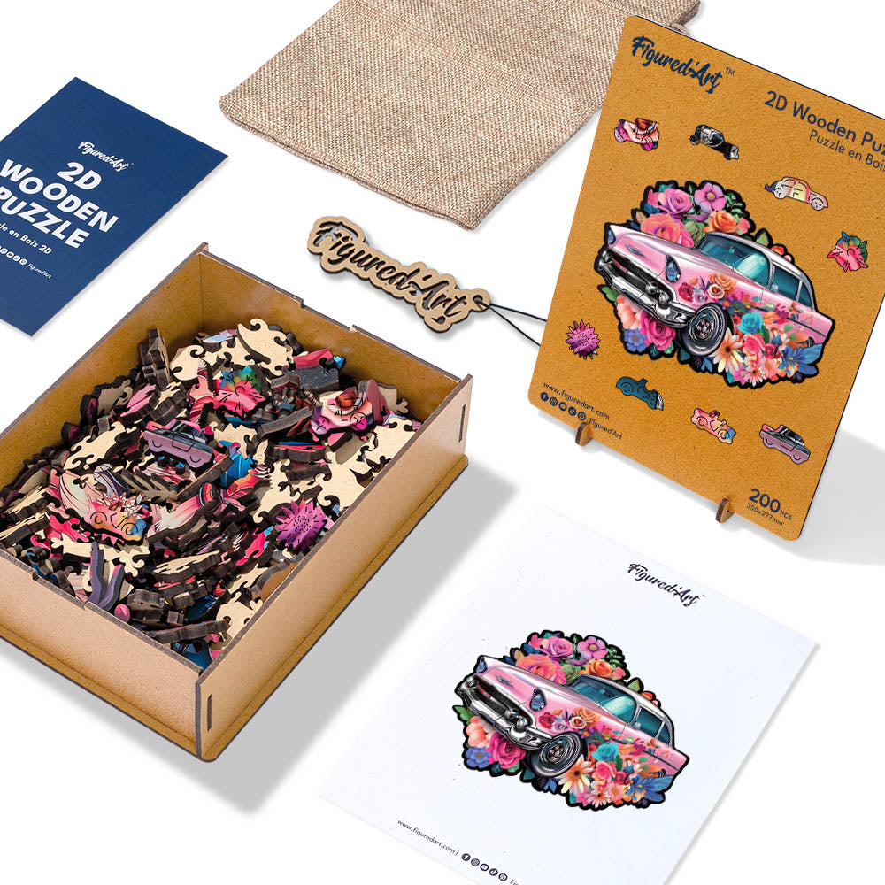 Holzpuzzle 2D Design – Vintage-Blumenauto - Kidis Art