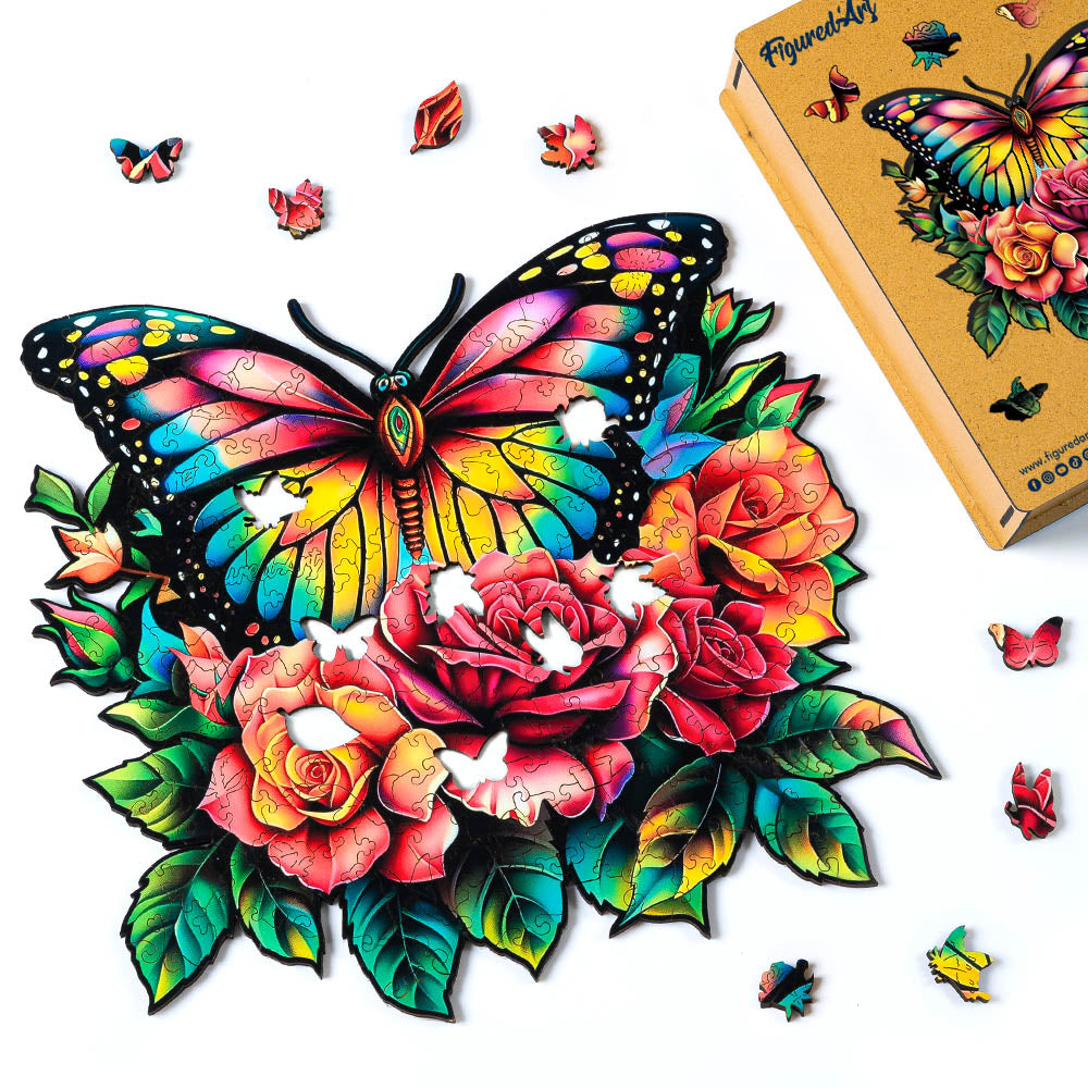 Holzpuzzle 2D Design – Schmetterling und Rosen - Kidis Art