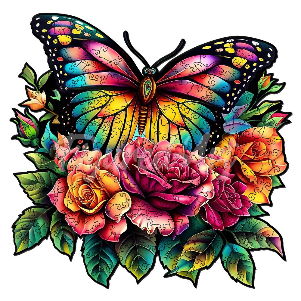 Holzpuzzle 2D Design – Schmetterling und Rosen - Kidis Art