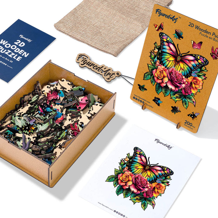 Holzpuzzle 2D Design – Schmetterling und Rosen - Kidis Art
