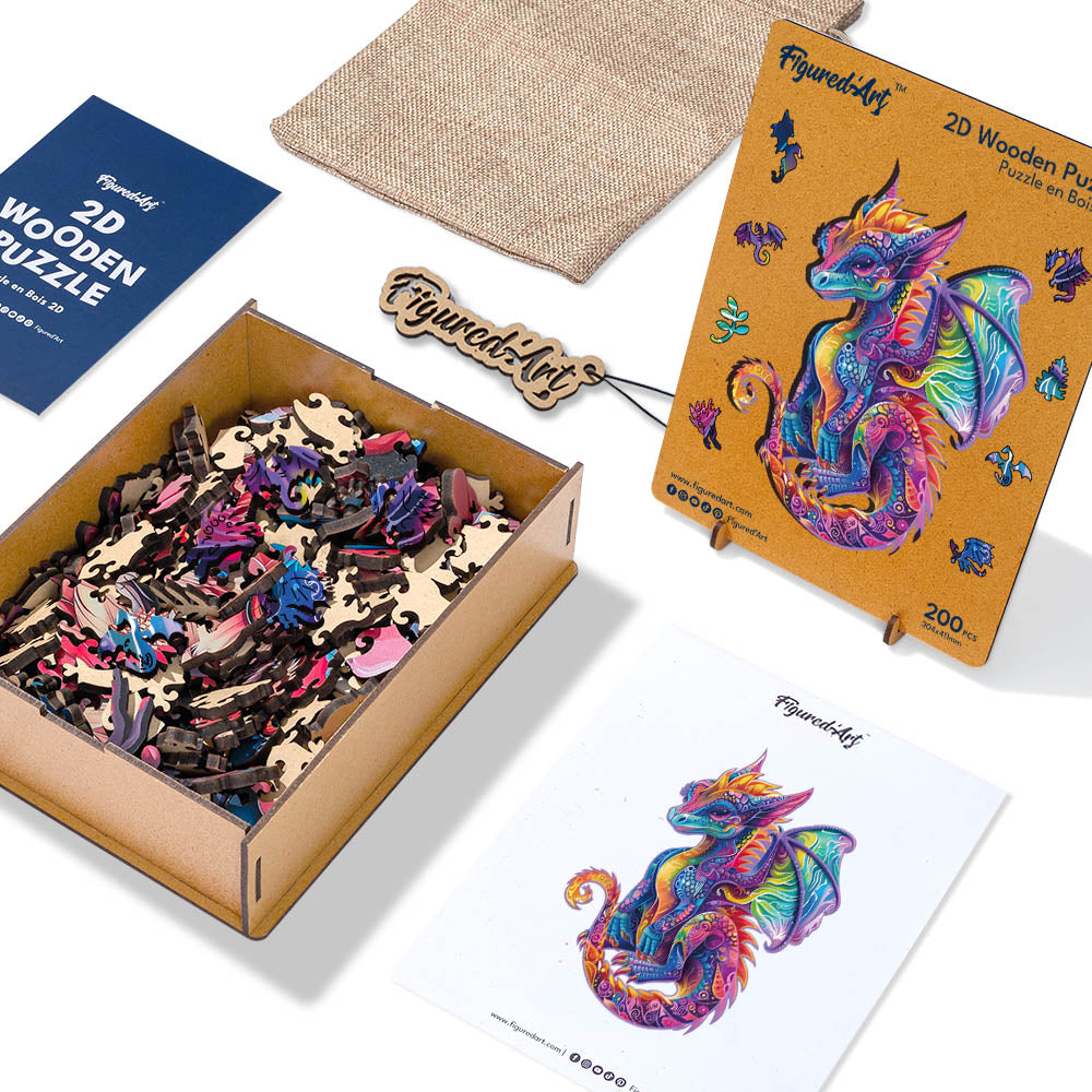 Holzpuzzle 2D Design – Vibrierender Drache - Kidis Art