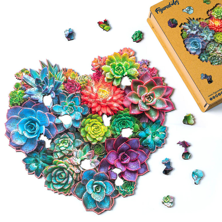 Holzpuzzle 2D Design – Herz aus Sukkulenten - Kidis Art