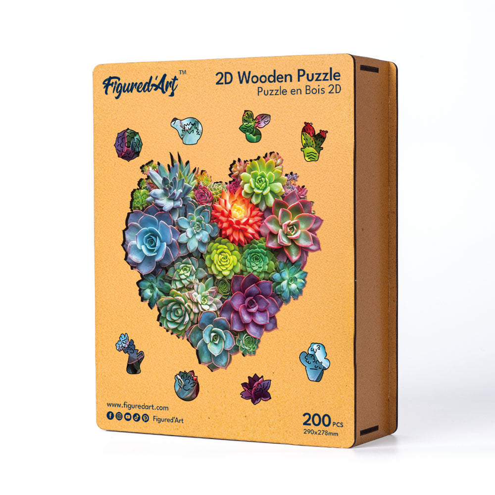 Holzpuzzle 2D Design – Herz aus Sukkulenten - Kidis Art