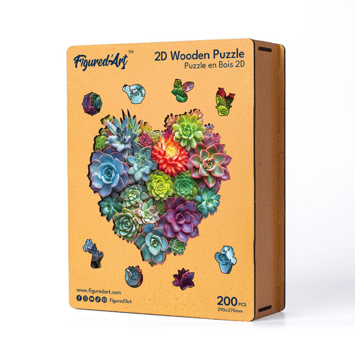 Holzpuzzle 2D Design – Herz aus Sukkulenten - Kidis Art