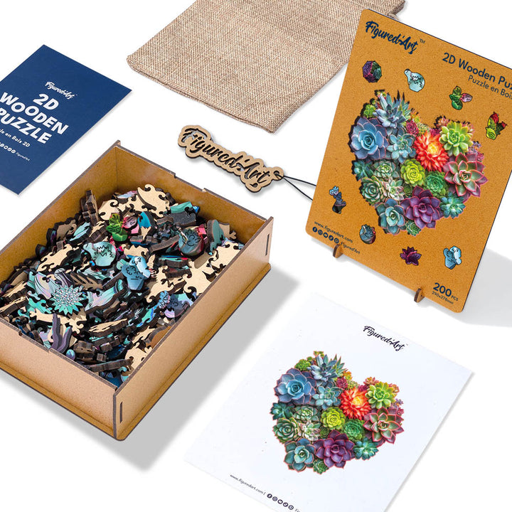 Holzpuzzle 2D Design – Herz aus Sukkulenten - Kidis Art