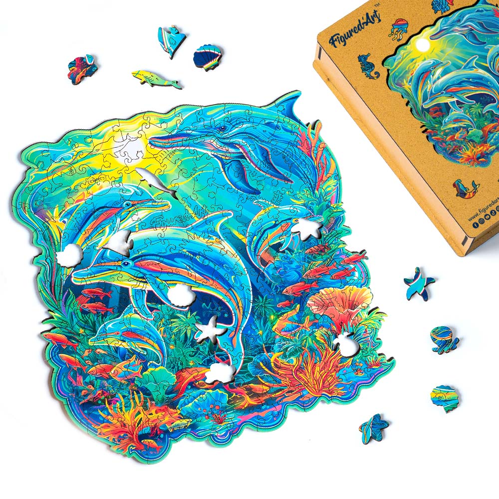 Holzpuzzle 2D Design – Delfine und Korallenriff - Kidis Art