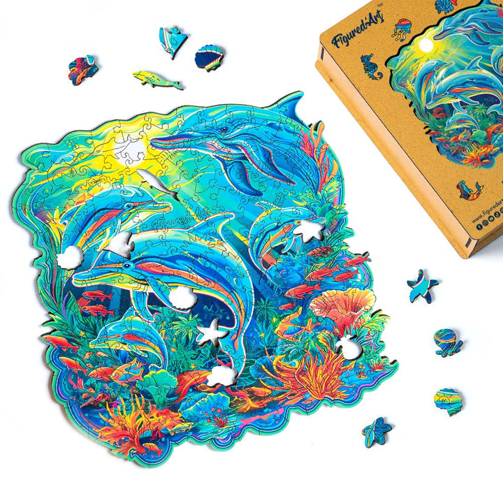 Holzpuzzle 2D Design – Delfine und Korallenriff - Kidis Art