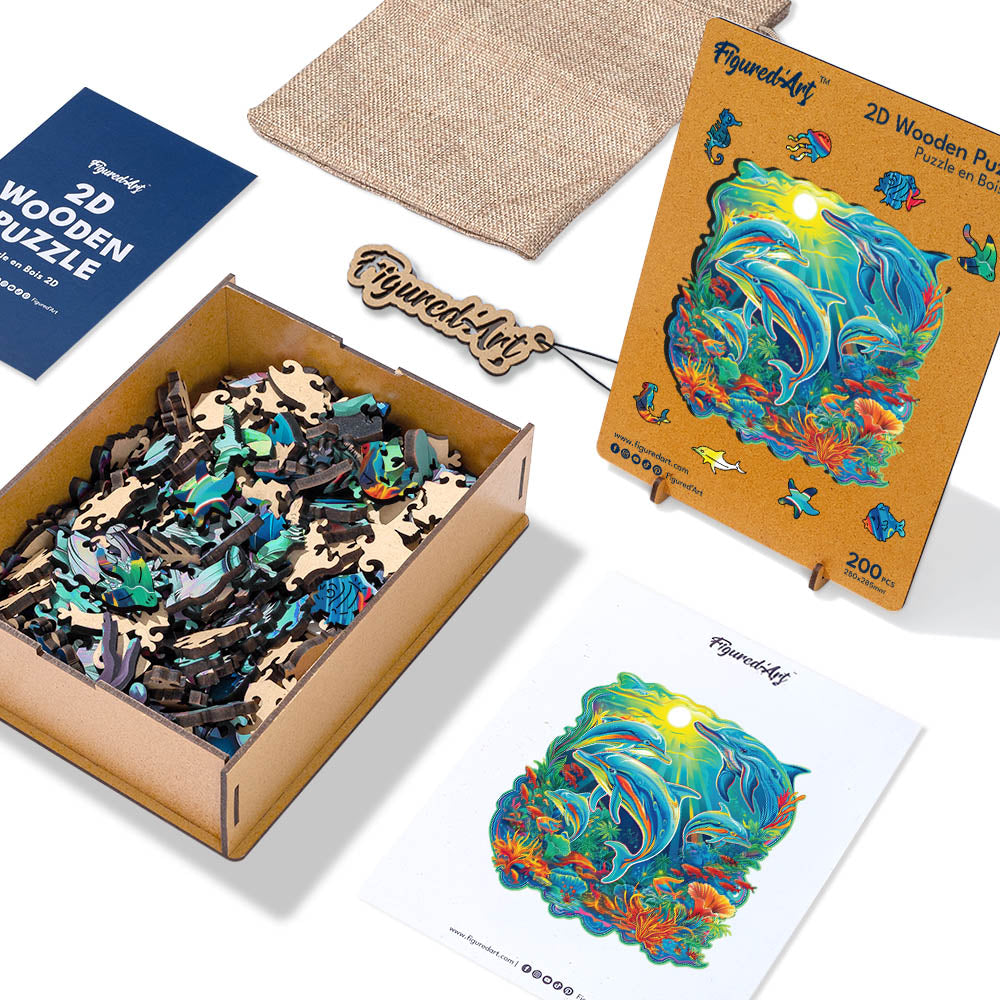 Holzpuzzle 2D Design – Delfine und Korallenriff - Kidis Art