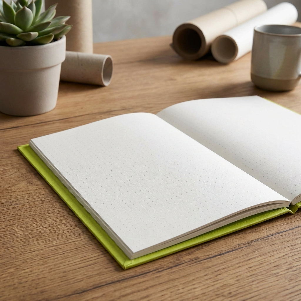 Close-up of Fabriano Ecoqua Plus Block in lime green, highlighting textured dot-grid paper and subtle eco-friendly cover details.