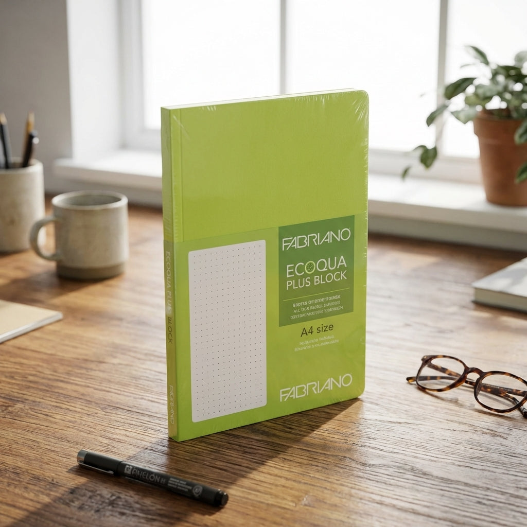 Full view of lime-colored Fabriano Ecoqua Plus A4 notebook standing upright on a wooden desk, showcasing its slim profile and dot pattern.