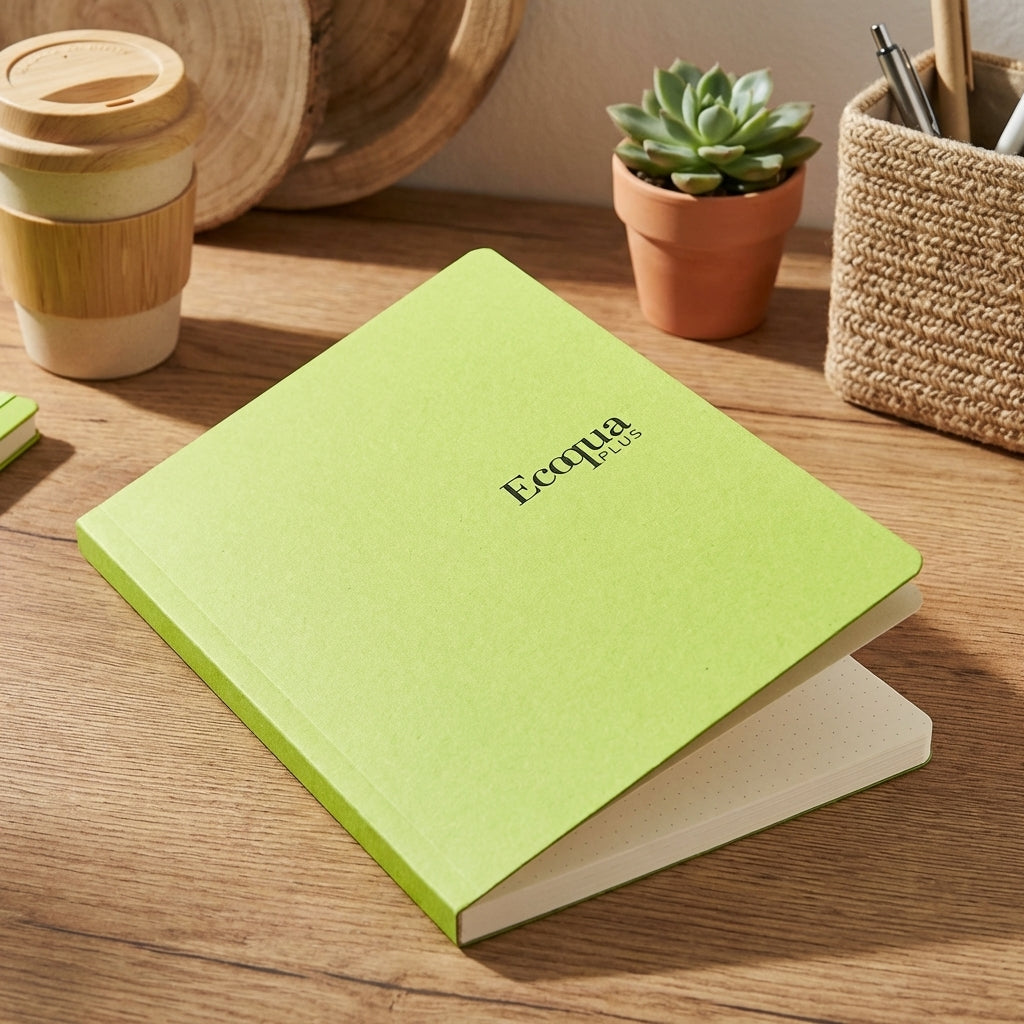 Dynamic shot of Fabriano Ecoqua Plus Block on eco-friendly workspace, with open pages and natural elements highlighting sustainability.
