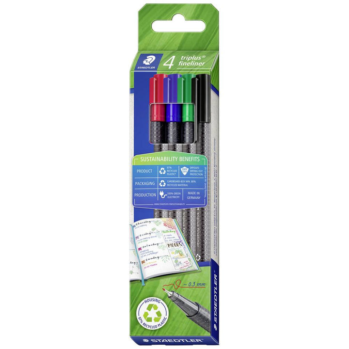 Kartonetui mit 4 triplus fineliner aus recyceltem Kunststoff in sortierten Farben