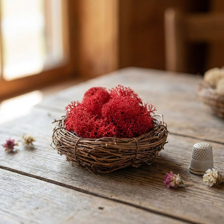Small red moss in a miniature Easter nest on rustic wood, illuminated by natural daylight, conveying a cozy springtime craft vibe.