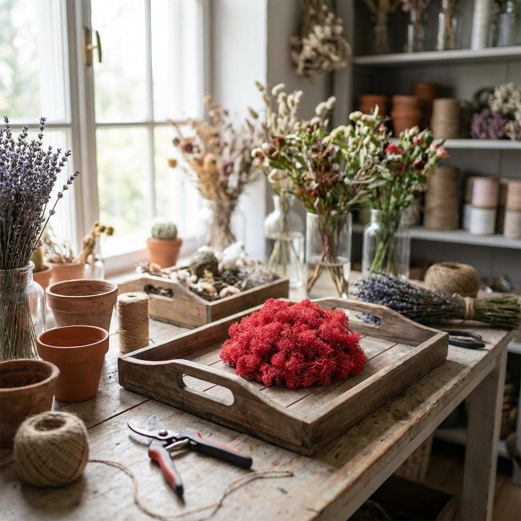 Full scene of a small mound of bright red moss on a floral tray in a natural-lit workshop, showcasing its plush texture and versatility.