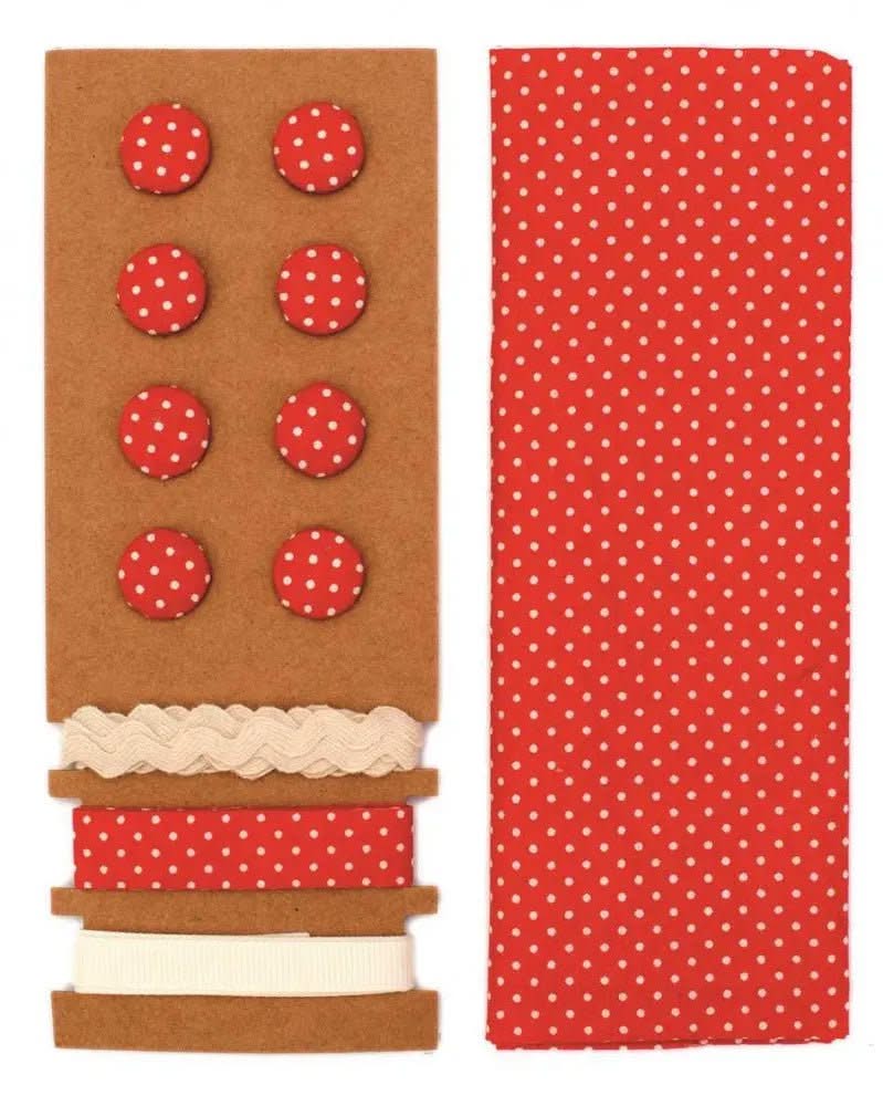 Textil-Set rot gepunktet, 48x48cm Bänder 3x1m 8 Knöpfe - Kidis Art
